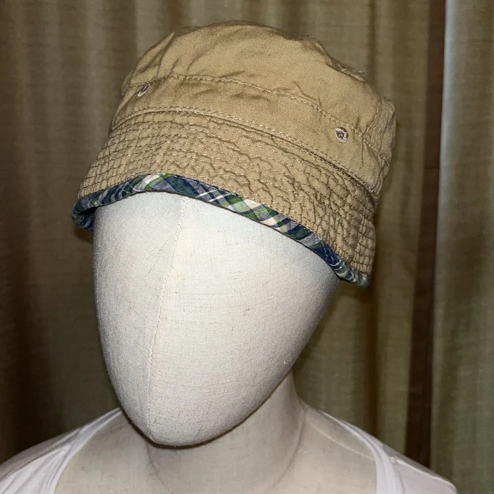 Toddler Boys Reversible Bucket Hat Khaki and Blue Green White Tan Plaid